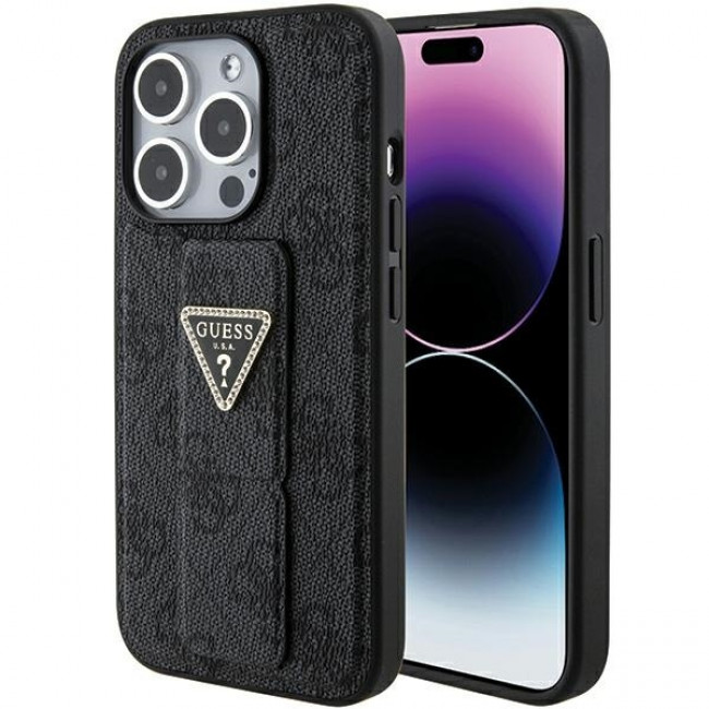 Guess iPhone 15 Pro Max Grip Stand 4G Triangle Strass Logo Θήκη με Επένδυση Συνθετικού Δέρματος και Stand - Black - GUHCP15XPGS4TDK