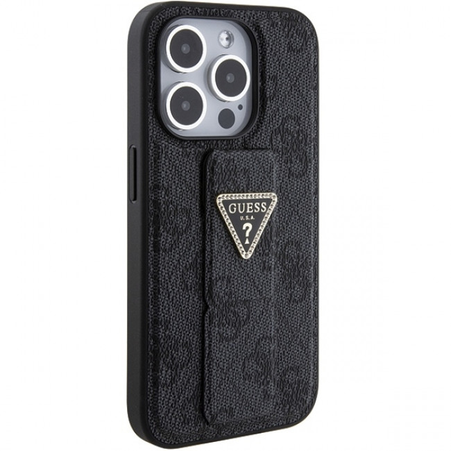 Guess iPhone 15 Pro Max Grip Stand 4G Triangle Strass Logo Θήκη με Επένδυση Συνθετικού Δέρματος και Stand - Black - GUHCP15XPGS4TDK