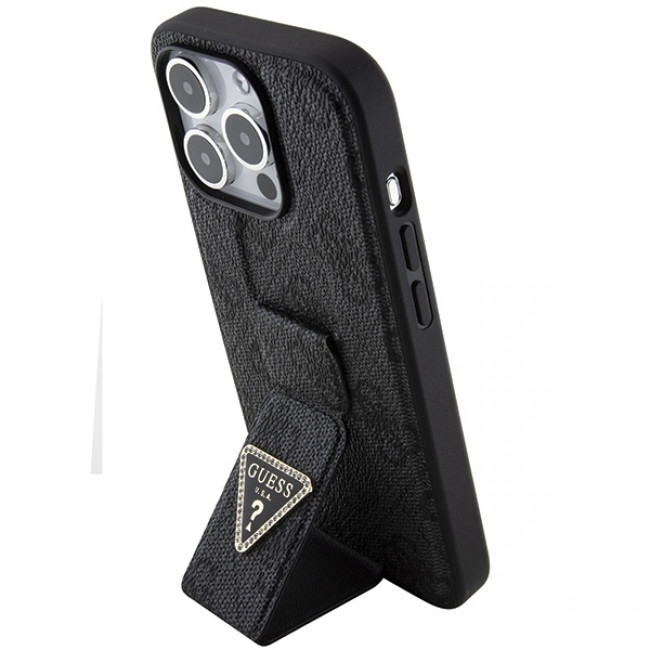 Guess iPhone 15 Pro Max Grip Stand 4G Triangle Strass Logo Θήκη με Επένδυση Συνθετικού Δέρματος και Stand - Black - GUHCP15XPGS4TDK