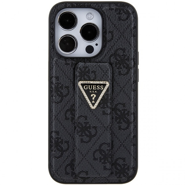 Guess iPhone 15 Pro Max Grip Stand 4G Triangle Strass Logo Θήκη με Επένδυση Συνθετικού Δέρματος και Stand - Black - GUHCP15XPGS4TDK