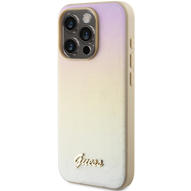 Guess iPhone 15 Pro Saffiano Iridescent Script Σκληρή Θήκη με Επένδυση Συνθετικού Δέρματος και Πλαίσιο Σιλικόνης - Gold - GUHCP15LPSAIRSD