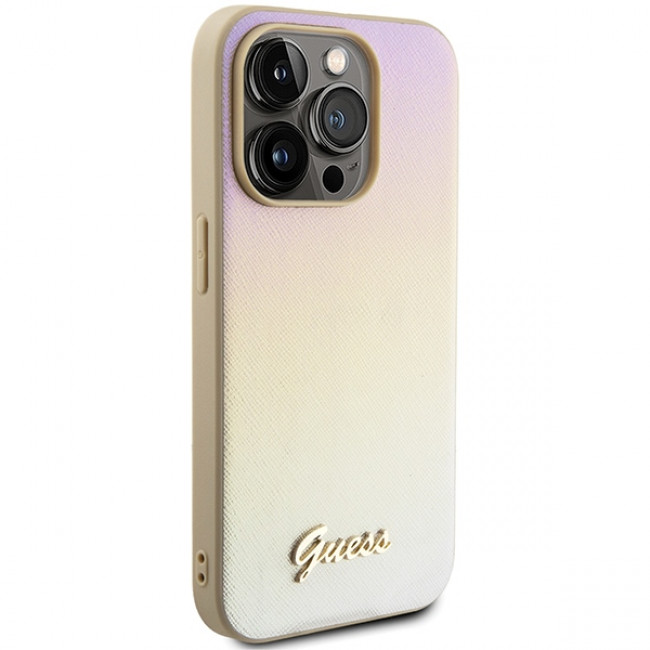 Guess iPhone 15 Pro Saffiano Iridescent Script Σκληρή Θήκη με Επένδυση Συνθετικού Δέρματος και Πλαίσιο Σιλικόνης - Gold - GUHCP15LPSAIRSD