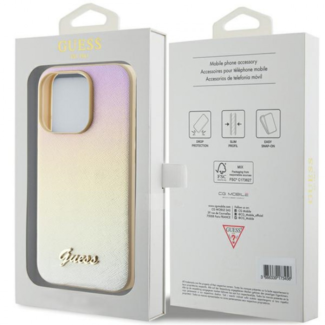 Guess iPhone 15 Pro Saffiano Iridescent Script Σκληρή Θήκη με Επένδυση Συνθετικού Δέρματος και Πλαίσιο Σιλικόνης - Gold - GUHCP15LPSAIRSD