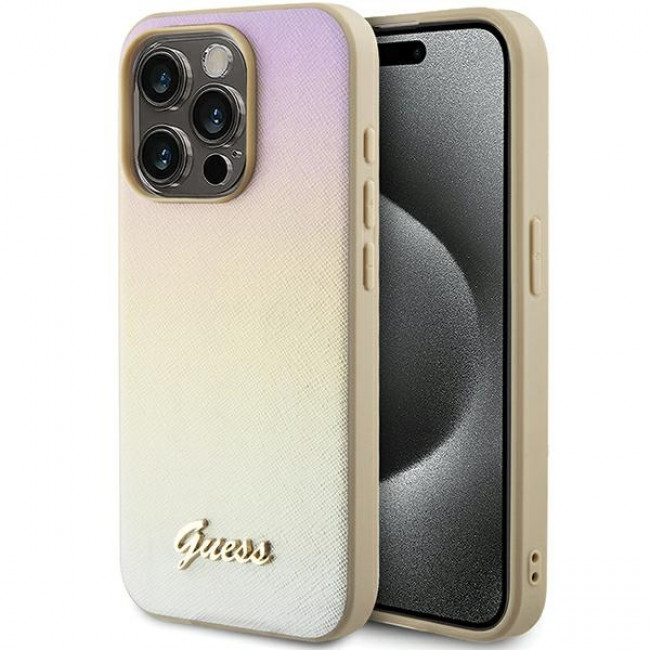 Guess iPhone 15 Pro Saffiano Iridescent Script Σκληρή Θήκη με Επένδυση Συνθετικού Δέρματος και Πλαίσιο Σιλικόνης - Gold - GUHCP15LPSAIRSD