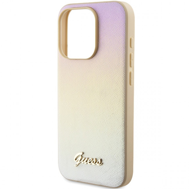 Guess iPhone 15 Pro Saffiano Iridescent Script Σκληρή Θήκη με Επένδυση Συνθετικού Δέρματος και Πλαίσιο Σιλικόνης - Gold - GUHCP15LPSAIRSD