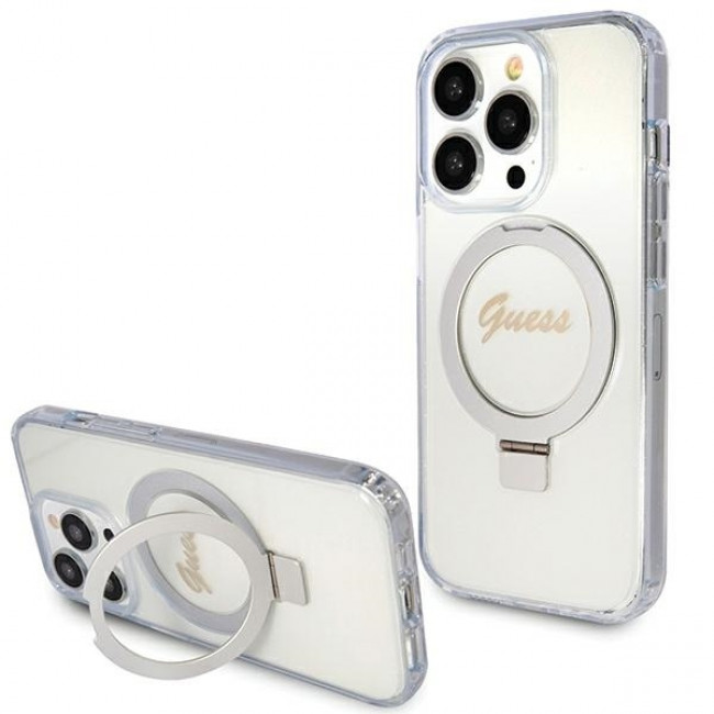 Guess iPhone 15 Pro Ring Stand Script Glitter Magsafe Σκληρή Θήκη με Πλαίσιο Σιλικόνης και MagSafe / Stand - Clear - GUHMP15LHRSGSD