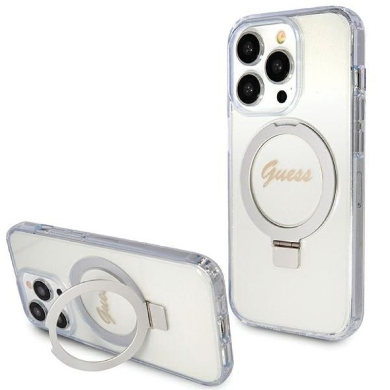 Guess iPhone 15 Pro Ring Stand Script Glitter Magsafe Σκληρή Θήκη με Πλαίσιο Σιλικόνης και MagSafe / Stand - Clear - GUHMP15LHRSGSD