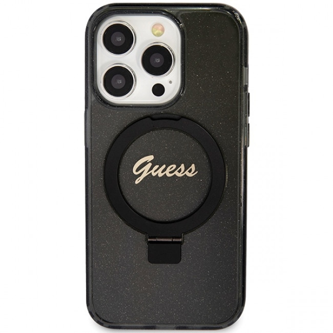 Guess iPhone 15 Pro Ring Stand Script Glitter Magsafe Σκληρή Θήκη με Πλαίσιο Σιλικόνης και MagSafe / Stand - Black - GUHMP15LHRSGSK