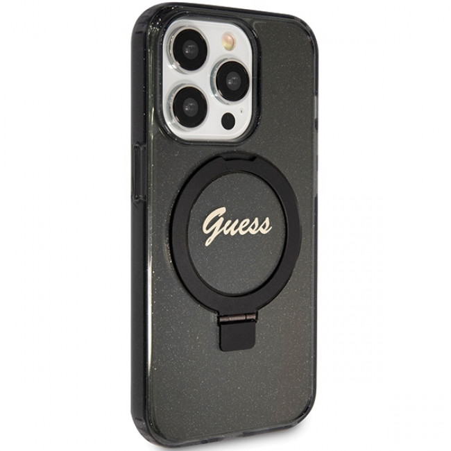 Guess iPhone 15 Pro Ring Stand Script Glitter Magsafe Σκληρή Θήκη με Πλαίσιο Σιλικόνης και MagSafe / Stand - Black - GUHMP15LHRSGSK