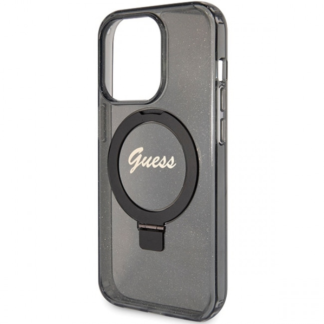 Guess iPhone 15 Pro Ring Stand Script Glitter Magsafe Σκληρή Θήκη με Πλαίσιο Σιλικόνης και MagSafe / Stand - Black - GUHMP15LHRSGSK