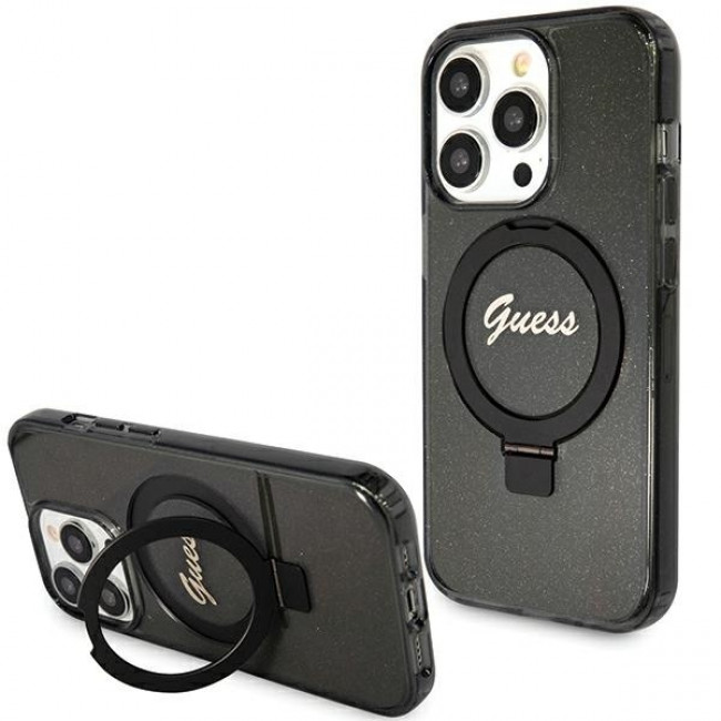 Guess iPhone 15 Pro Ring Stand Script Glitter Magsafe Σκληρή Θήκη με Πλαίσιο Σιλικόνης και MagSafe / Stand - Black - GUHMP15LHRSGSK