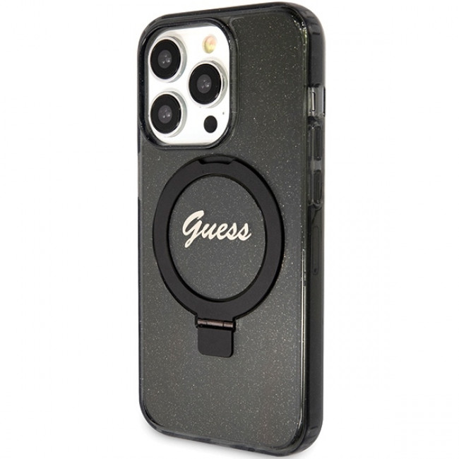 Guess iPhone 15 Pro Ring Stand Script Glitter Magsafe Σκληρή Θήκη με Πλαίσιο Σιλικόνης και MagSafe / Stand - Black - GUHMP15LHRSGSK