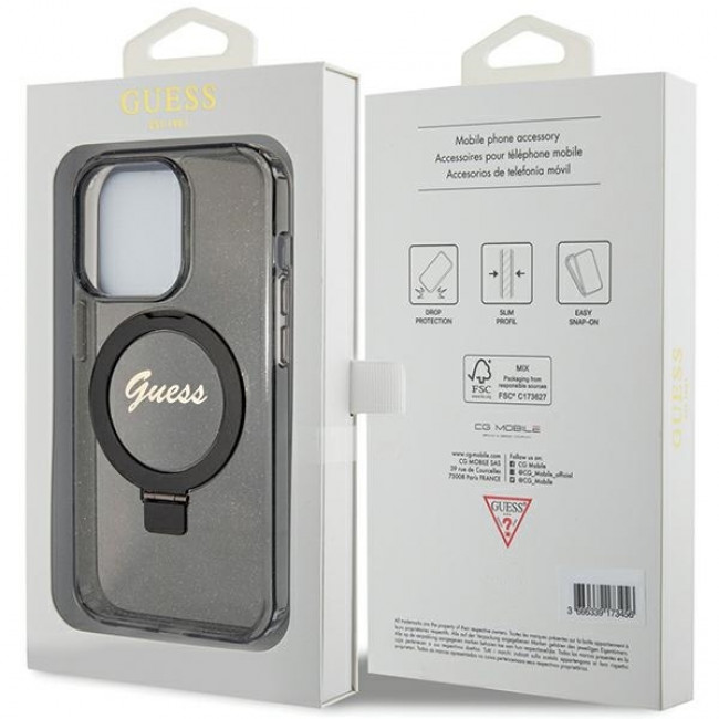 Guess iPhone 15 Pro Ring Stand Script Glitter Magsafe Σκληρή Θήκη με Πλαίσιο Σιλικόνης και MagSafe / Stand - Black - GUHMP15LHRSGSK