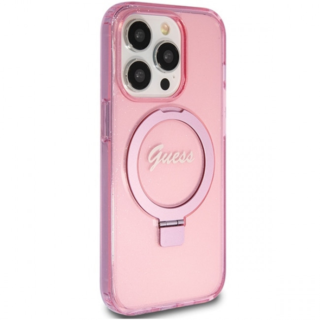 Guess iPhone 15 Pro Ring Stand Script Glitter Magsafe Σκληρή Θήκη με Πλαίσιο Σιλικόνης και MagSafe / Stand - Pink - GUHMP15LHRSGSP