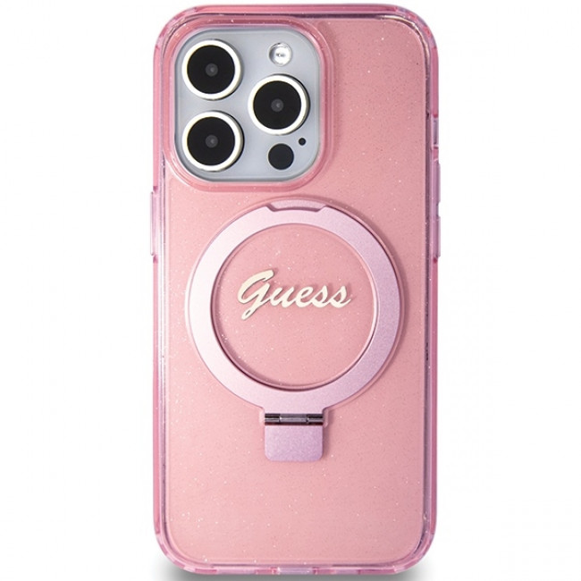 Guess iPhone 15 Pro Ring Stand Script Glitter Magsafe Σκληρή Θήκη με Πλαίσιο Σιλικόνης και MagSafe / Stand - Pink - GUHMP15LHRSGSP