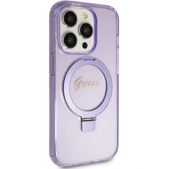 Guess iPhone 15 Pro Ring Stand Script Glitter Magsafe Σκληρή Θήκη με Πλαίσιο Σιλικόνης και MagSafe / Stand - Purple - GUHMP15LHRSGSU