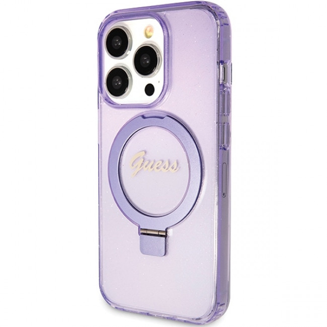 Guess iPhone 15 Pro Ring Stand Script Glitter Magsafe Σκληρή Θήκη με Πλαίσιο Σιλικόνης και MagSafe / Stand - Purple - GUHMP15LHRSGSU