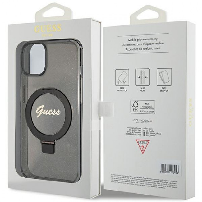 Guess iPhone 15 Plus Ring Stand Script Glitter Magsafe Σκληρή Θήκη με Πλαίσιο Σιλικόνης και MagSafe / Stand - Black - GUHMP15MHRSGSK