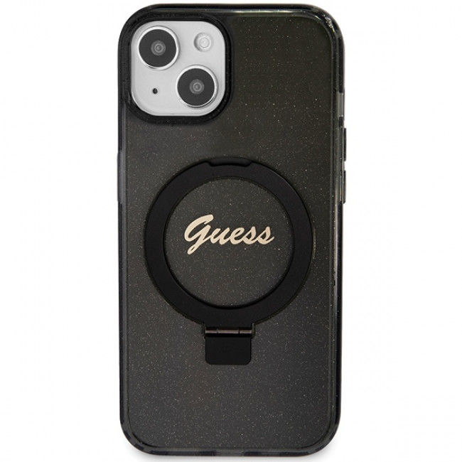 Guess iPhone 15 Plus Ring Stand Script Glitter Magsafe Σκληρή Θήκη με Πλαίσιο Σιλικόνης και MagSafe / Stand - Black - GUHMP15MHRSGSK