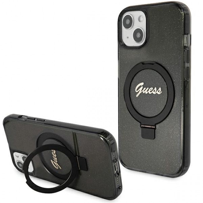 Guess iPhone 15 Plus Ring Stand Script Glitter Magsafe Σκληρή Θήκη με Πλαίσιο Σιλικόνης και MagSafe / Stand - Black - GUHMP15MHRSGSK