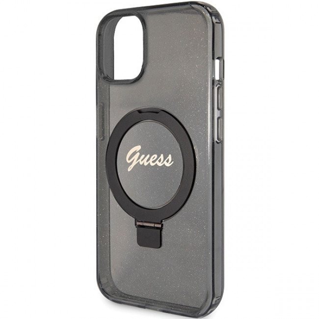 Guess iPhone 15 Plus Ring Stand Script Glitter Magsafe Σκληρή Θήκη με Πλαίσιο Σιλικόνης και MagSafe / Stand - Black - GUHMP15MHRSGSK