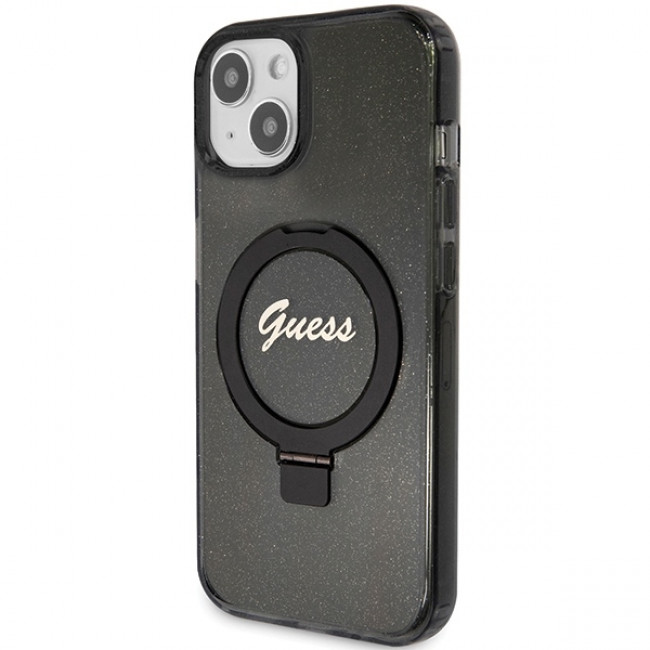 Guess iPhone 15 Plus Ring Stand Script Glitter Magsafe Σκληρή Θήκη με Πλαίσιο Σιλικόνης και MagSafe / Stand - Black - GUHMP15MHRSGSK