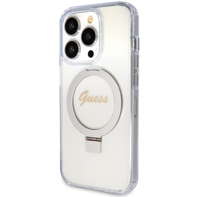 Guess iPhone 15 Pro Max Ring Stand Script Glitter Magsafe Σκληρή Θήκη με Πλαίσιο Σιλικόνης και MagSafe / Stand - Clear - GUHMP15XHRSGSD