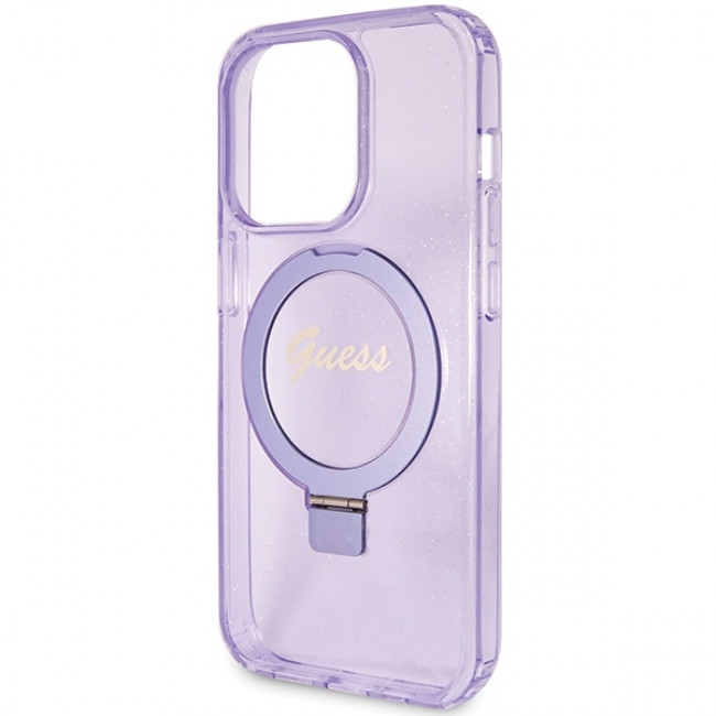 Guess iPhone 15 Pro Max Ring Stand Script Glitter Magsafe Σκληρή Θήκη με Πλαίσιο Σιλικόνης και MagSafe / Stand - Purple - GUHMP15XHRSGSU