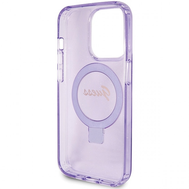 Guess iPhone 15 Pro Max Ring Stand Script Glitter Magsafe Σκληρή Θήκη με Πλαίσιο Σιλικόνης και MagSafe / Stand - Purple - GUHMP15XHRSGSU