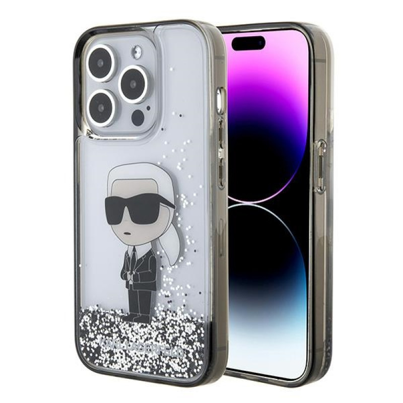 Karl Lagerfeld iPhone 15 Pro - Liquid Glitter Ikonik Σκληρή Θήκη με Πλαίσιο Σιλικόνης - Διάφανη - KLHCP15LLKKNSK