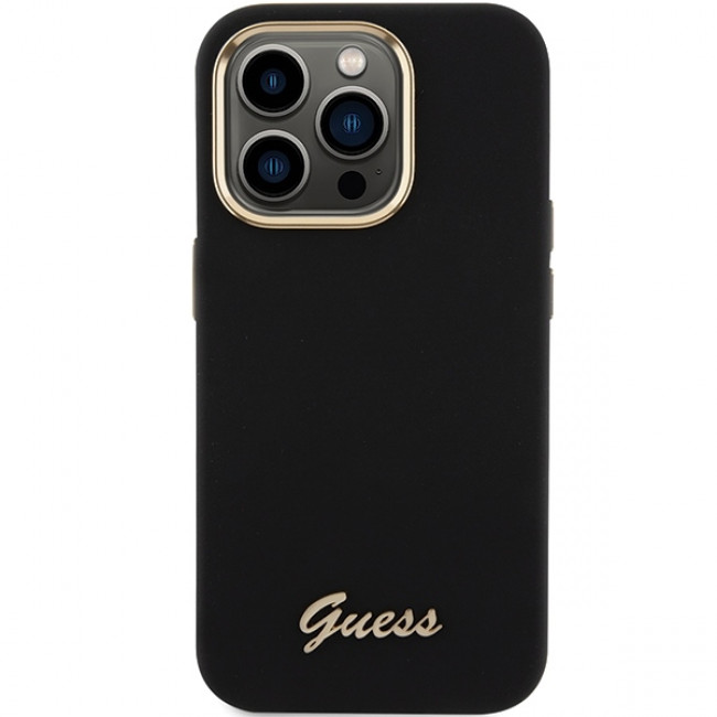 Guess iPhone 15 Pro Silicone Script Metal Logo and Frame Σκληρή Θήκη με Πλαίσιο Σιλικόνης - Black - GUHCP15LSMBSLK