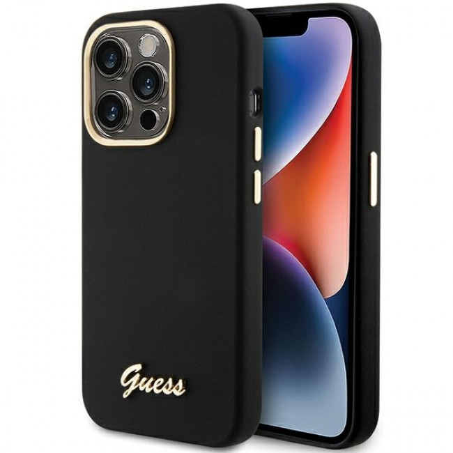 Guess iPhone 15 Pro Silicone Script Metal Logo and Frame Σκληρή Θήκη με Πλαίσιο Σιλικόνης - Black - GUHCP15LSMBSLK