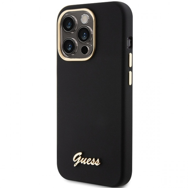 Guess iPhone 15 Pro Silicone Script Metal Logo and Frame Σκληρή Θήκη με Πλαίσιο Σιλικόνης - Black - GUHCP15LSMBSLK