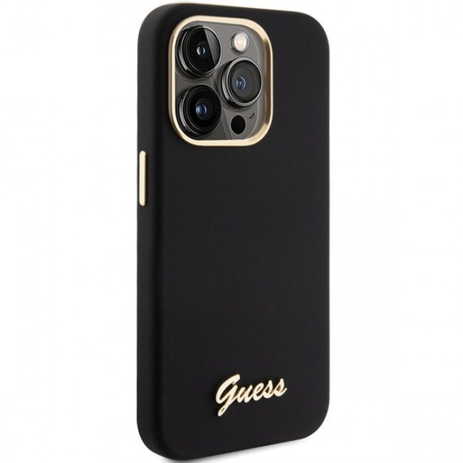 Guess iPhone 15 Pro Silicone Script Metal Logo and Frame Σκληρή Θήκη με Πλαίσιο Σιλικόνης - Black - GUHCP15LSMBSLK