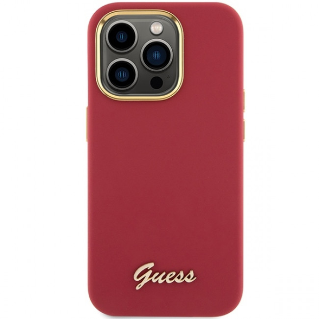 Guess iPhone 15 Pro Silicone Script Metal Logo and Frame Σκληρή Θήκη με Πλαίσιο Σιλικόνης - Magenta - GUHCP15LSMBSLM