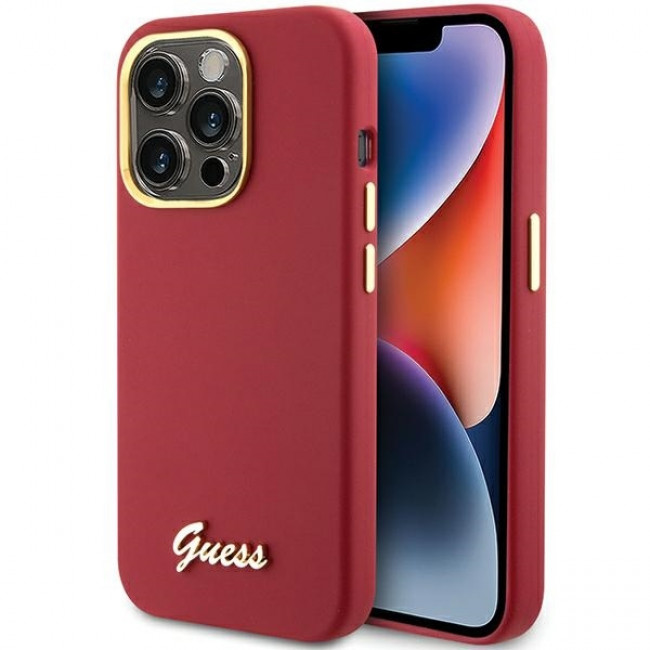 Guess iPhone 15 Pro Silicone Script Metal Logo and Frame Σκληρή Θήκη με Πλαίσιο Σιλικόνης - Magenta - GUHCP15LSMBSLM