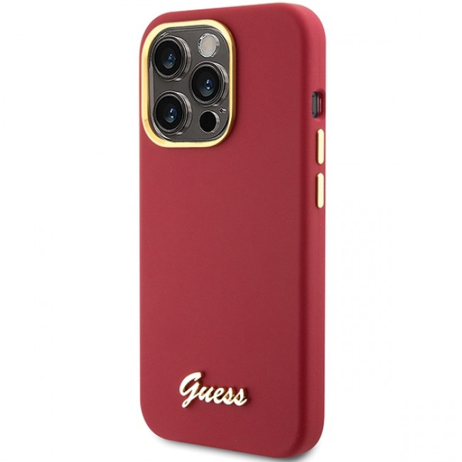 Guess iPhone 15 Pro Silicone Script Metal Logo and Frame Σκληρή Θήκη με Πλαίσιο Σιλικόνης - Magenta - GUHCP15LSMBSLM