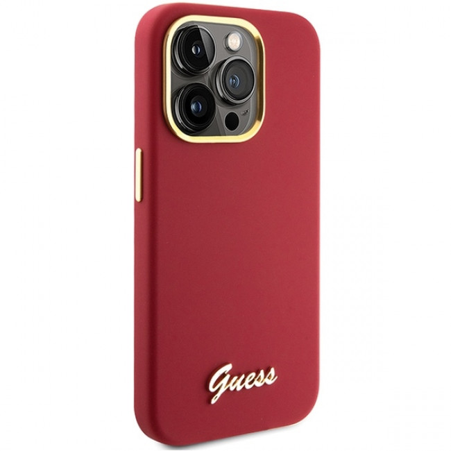 Guess iPhone 15 Pro Silicone Script Metal Logo and Frame Σκληρή Θήκη με Πλαίσιο Σιλικόνης - Magenta - GUHCP15LSMBSLM