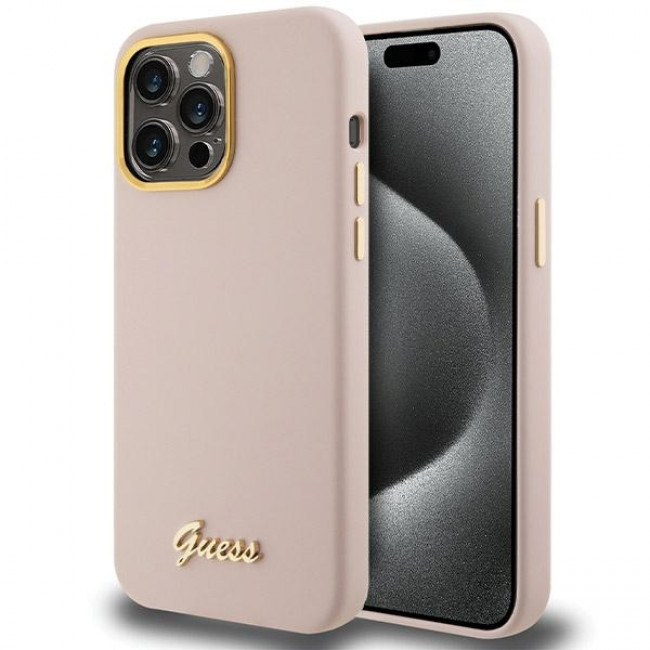 Guess iPhone 15 Pro Silicone Script Metal Logo and Frame Σκληρή Θήκη με Πλαίσιο Σιλικόνης - Pink - GUHCP15LSMBSLP