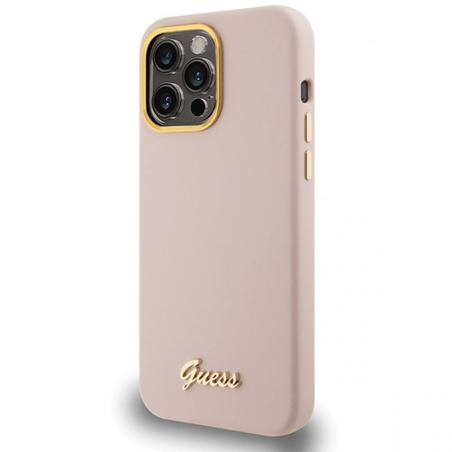 Guess iPhone 15 Pro Silicone Script Metal Logo and Frame Σκληρή Θήκη με Πλαίσιο Σιλικόνης - Pink - GUHCP15LSMBSLP