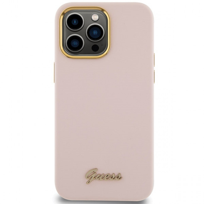 Guess iPhone 15 Pro Silicone Script Metal Logo and Frame Σκληρή Θήκη με Πλαίσιο Σιλικόνης - Pink - GUHCP15LSMBSLP