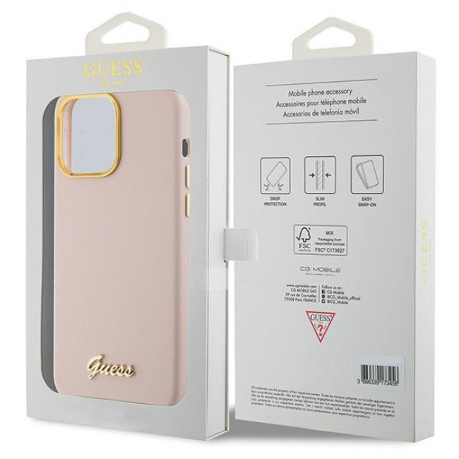 Guess iPhone 15 Pro Silicone Script Metal Logo and Frame Σκληρή Θήκη με Πλαίσιο Σιλικόνης - Pink - GUHCP15LSMBSLP