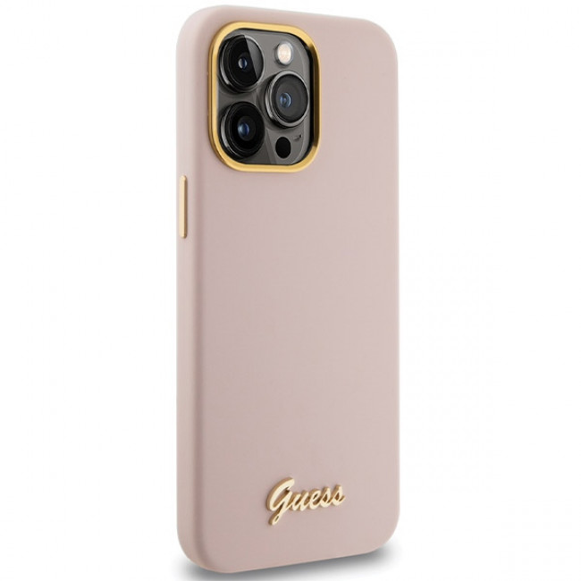 Guess iPhone 15 Pro Silicone Script Metal Logo and Frame Σκληρή Θήκη με Πλαίσιο Σιλικόνης - Pink - GUHCP15LSMBSLP