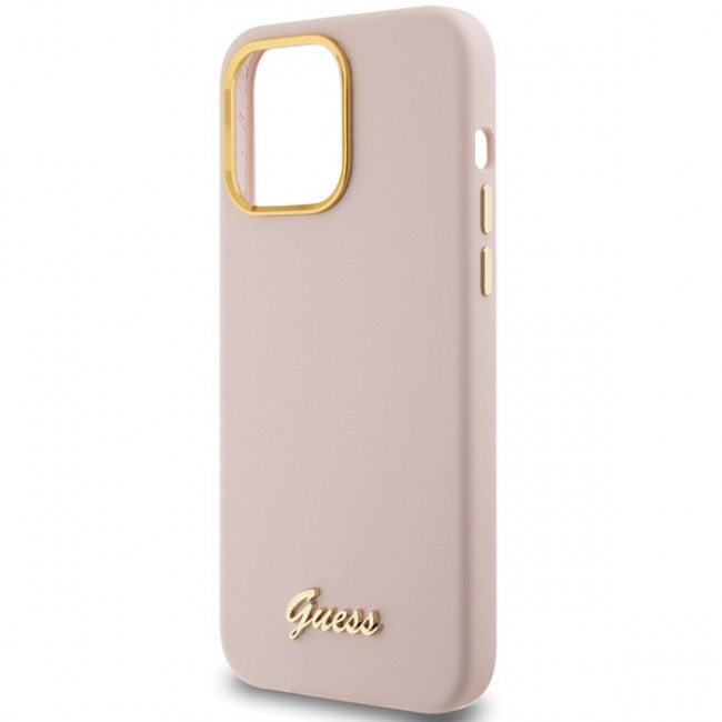 Guess iPhone 15 Pro Silicone Script Metal Logo and Frame Σκληρή Θήκη με Πλαίσιο Σιλικόνης - Pink - GUHCP15LSMBSLP