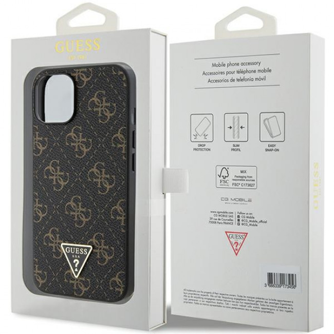 Guess iPhone 15 - 4G Triangle Metal Logo Σκληρή Θήκη με Επένδυση Συνθετικού Δέρματος και Πλαίσιο Σιλικόνης - Black - GUHCP15SPG4GPK