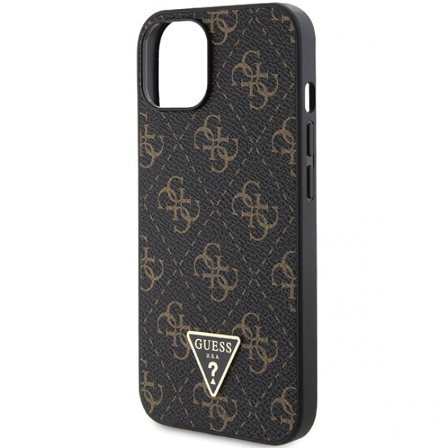 Guess iPhone 15 - 4G Triangle Metal Logo Σκληρή Θήκη με Επένδυση Συνθετικού Δέρματος και Πλαίσιο Σιλικόνης - Black - GUHCP15SPG4GPK