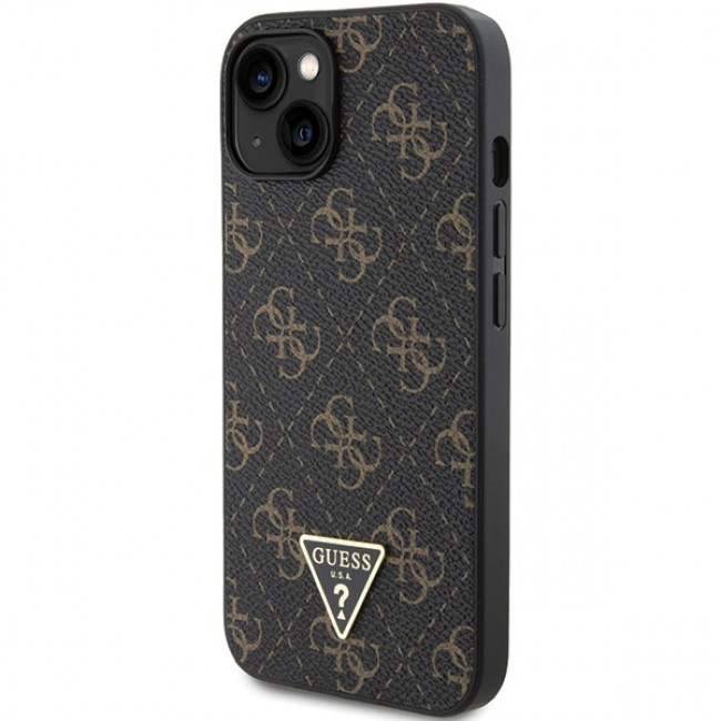 Guess iPhone 15 - 4G Triangle Metal Logo Σκληρή Θήκη με Επένδυση Συνθετικού Δέρματος και Πλαίσιο Σιλικόνης - Black - GUHCP15SPG4GPK