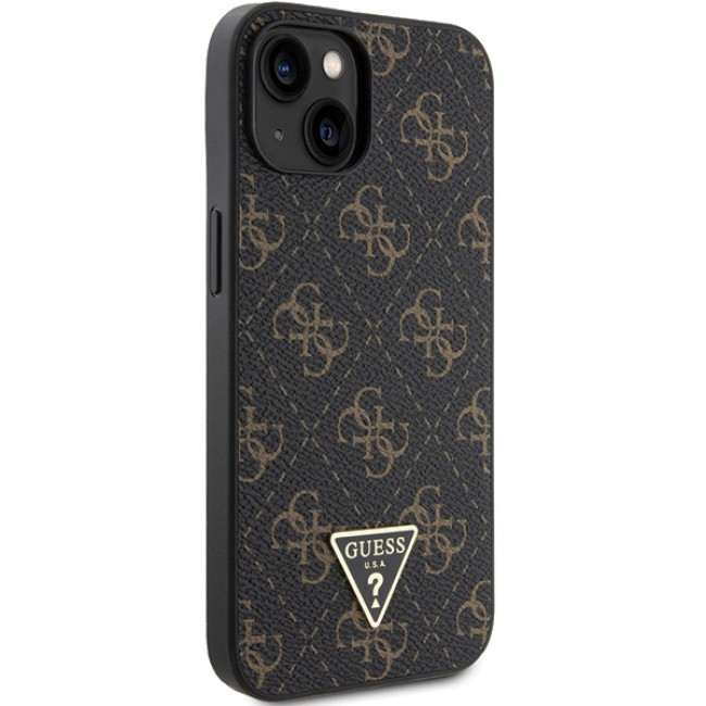 Guess iPhone 15 - 4G Triangle Metal Logo Σκληρή Θήκη με Επένδυση Συνθετικού Δέρματος και Πλαίσιο Σιλικόνης - Black - GUHCP15SPG4GPK