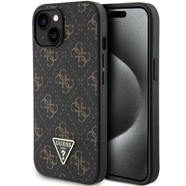 Guess iPhone 15 - 4G Triangle Metal Logo Σκληρή Θήκη με Επένδυση Συνθετικού Δέρματος και Πλαίσιο Σιλικόνης - Black - GUHCP15SPG4GPK