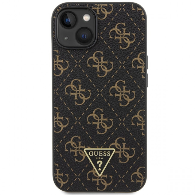 Guess iPhone 15 - 4G Triangle Metal Logo Σκληρή Θήκη με Επένδυση Συνθετικού Δέρματος και Πλαίσιο Σιλικόνης - Black - GUHCP15SPG4GPK